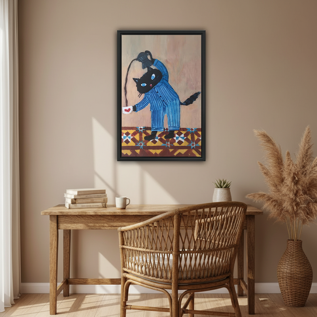 Black cat coffee morning vintage canvas art in black frame above rustic wooden desk with rattan chair and pampas grass