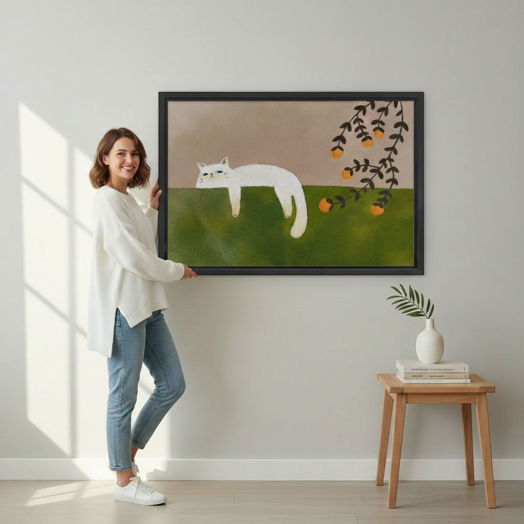 White Cat Minimalist Folk Art Framed Print Held by Woman – Size Reference for Minimalist Cat Wall Art