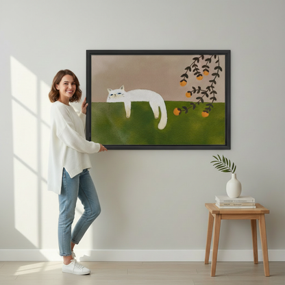 White Cat Minimalist Folk Art Framed Print Held by Woman – Size Reference for Minimalist Cat Wall Art