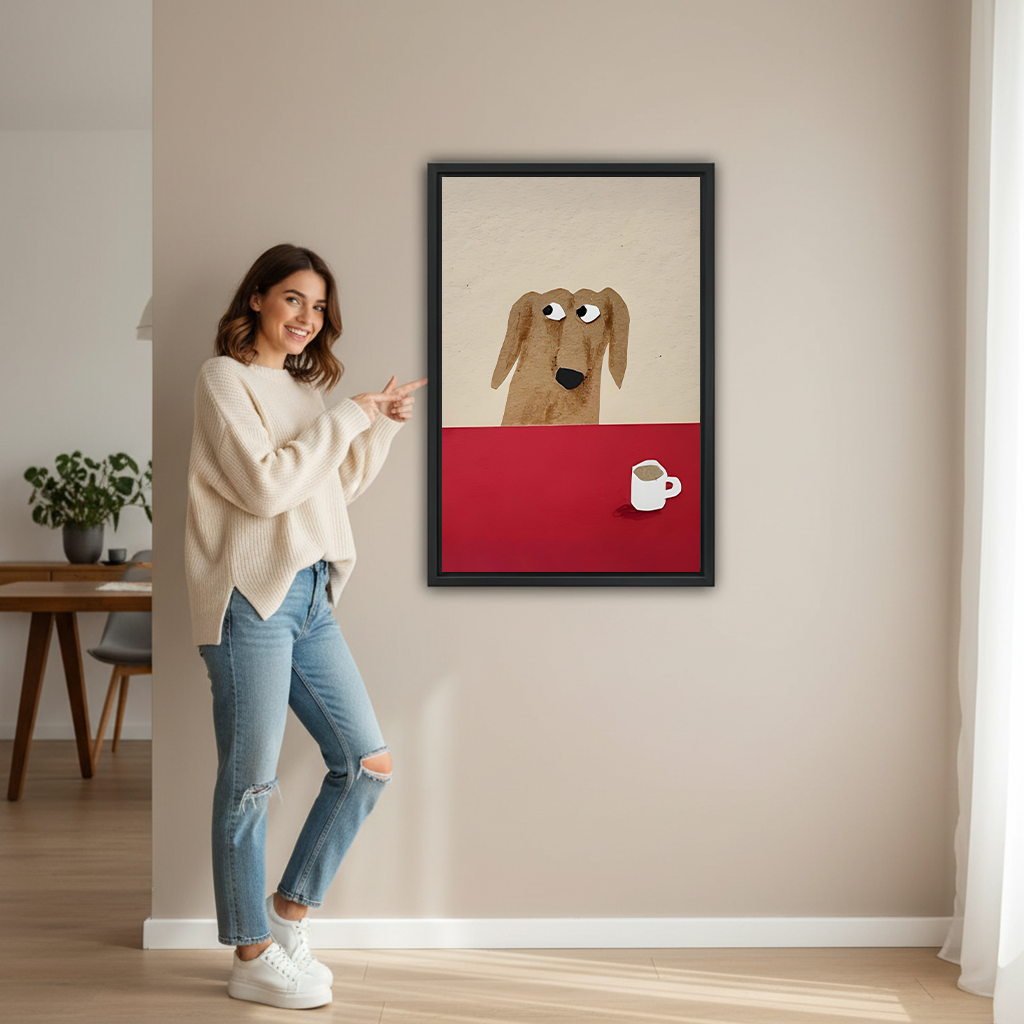 Smiling woman pointing at large funny dachshund coffee framed print on beige wall to show size in modern hallway