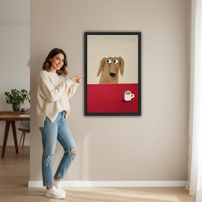 Smiling woman pointing at large funny dachshund coffee framed print on beige wall to show size in modern hallway