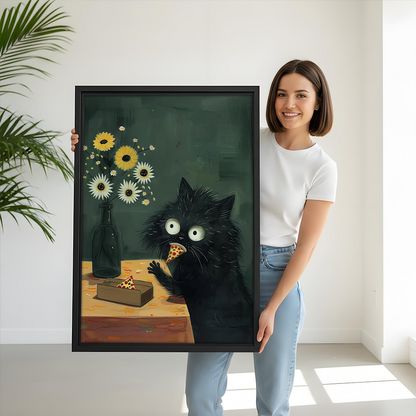 Black cat pizza canvas wall art in a black frame above a gray sofa with blue cushions.