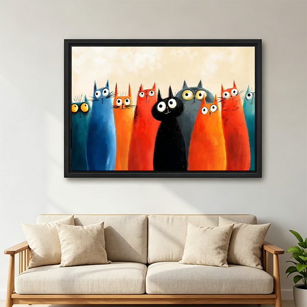 Colorful cats gang framed canvas wall art above sofa – funny whimsical print for living room decor