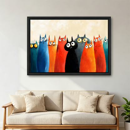 Colorful cats gang framed canvas wall art above sofa – funny whimsical print for living room decor