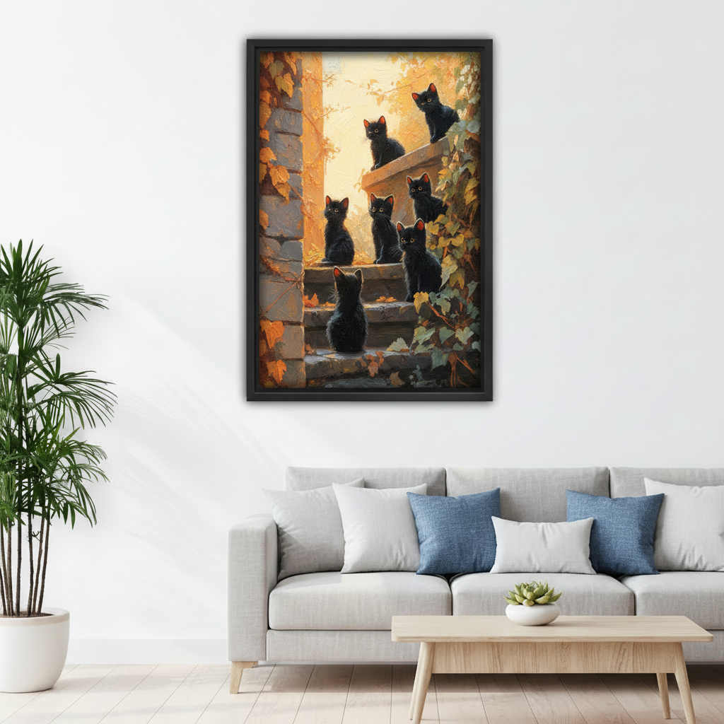 Framed black kittens staircase wall art above sofa, golden autumn cat group canvas print for living room decor