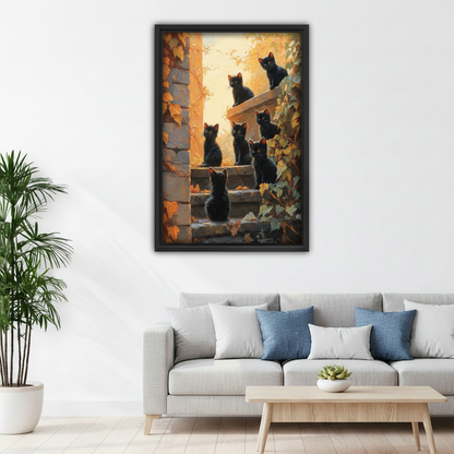 Framed black kittens staircase wall art above sofa, golden autumn cat group canvas print for living room decor
