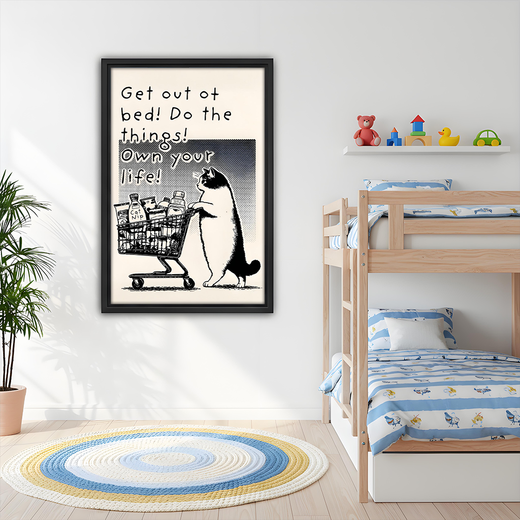 Funny Cat Shopping Cart Own Your Life Retro Framed Wall Art Print Kids Room Bedroom Decor