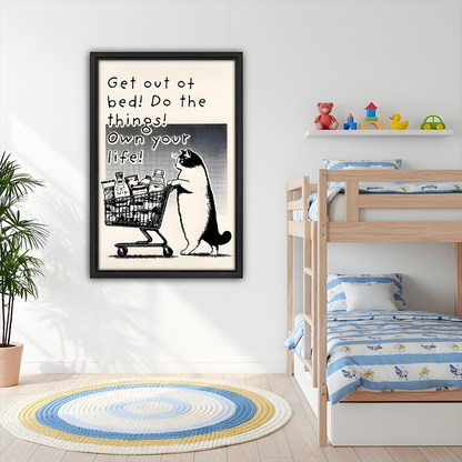 Funny Cat Shopping Cart Own Your Life Retro Framed Wall Art Print Kids Room Bedroom Decor