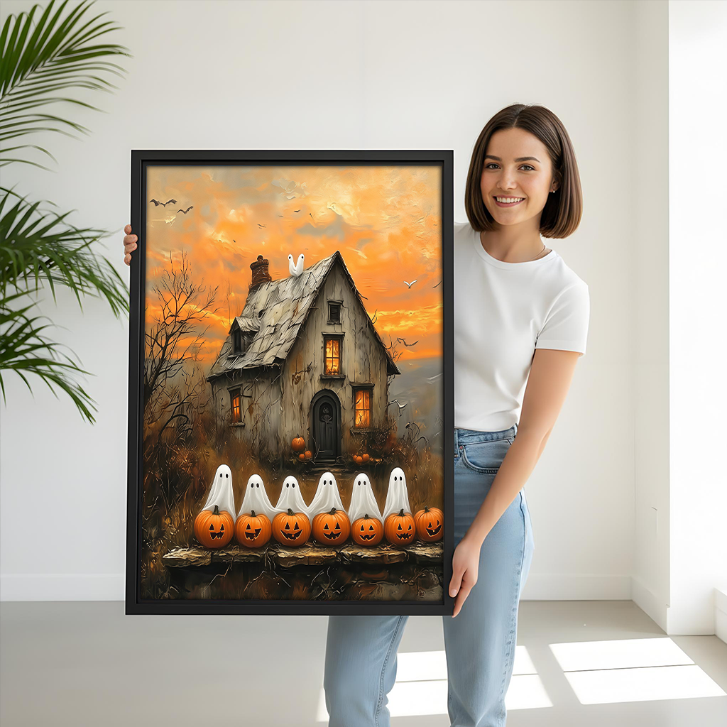 Black-framed Halloween ghost cottage canvas wall art above a gray sofa with blue cushions in a bright living room.