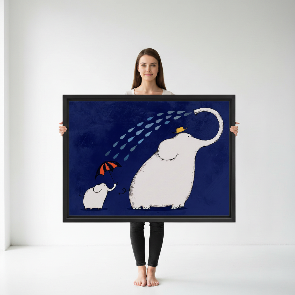 Woman holding large framed elephant mother yellow hat baby red umbrella whimsical navy blue wall art print in black frame showing actual print size in bright minimalist white studio
