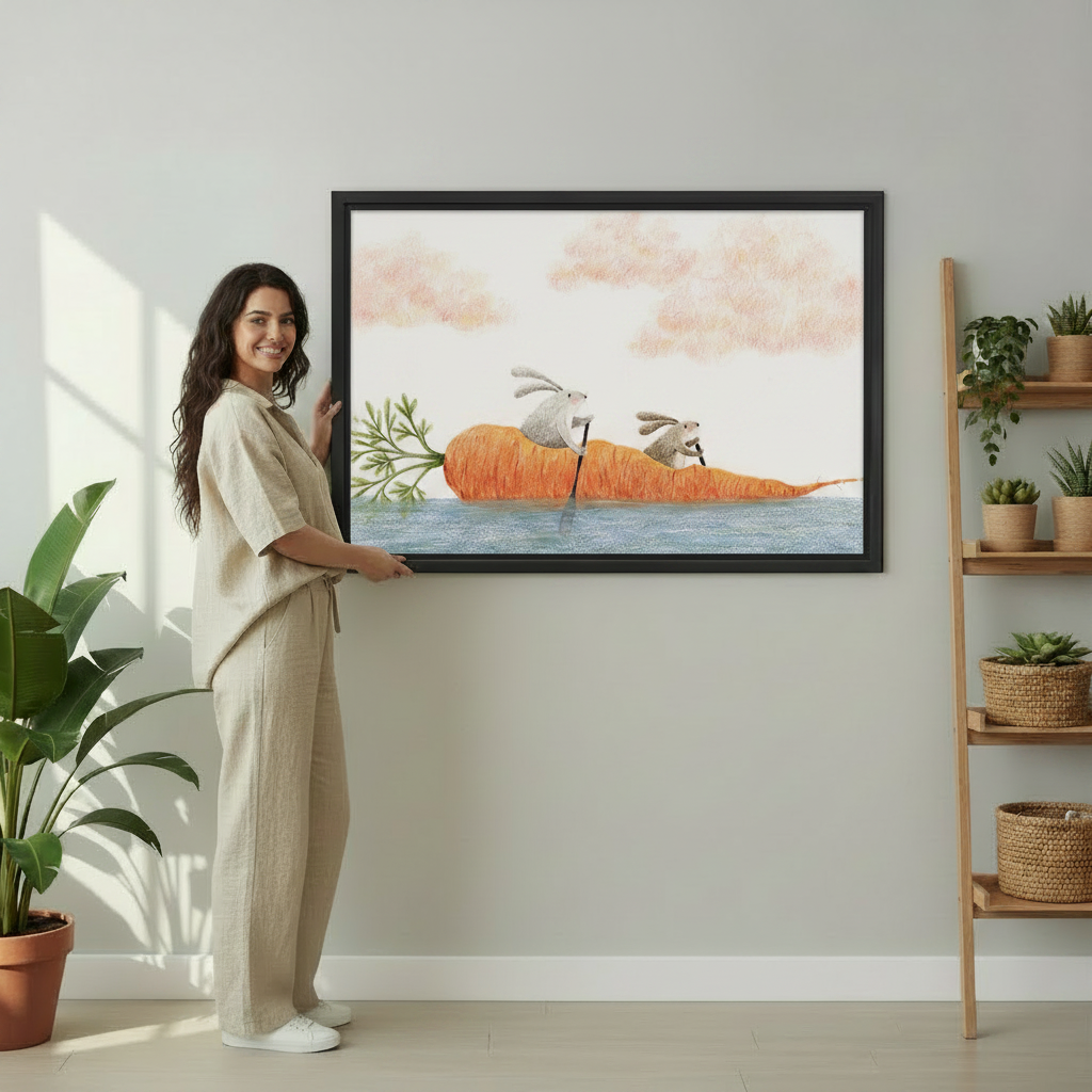 Whimsical Rabbit Carrot Boat Framed Print – Close-Up Detail of Bunny Wall Art for Nursery