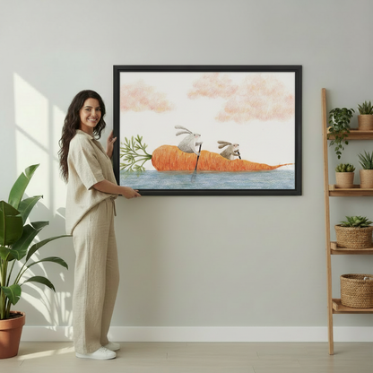 Whimsical Rabbit Carrot Boat Framed Print – Close-Up Detail of Bunny Wall Art for Nursery