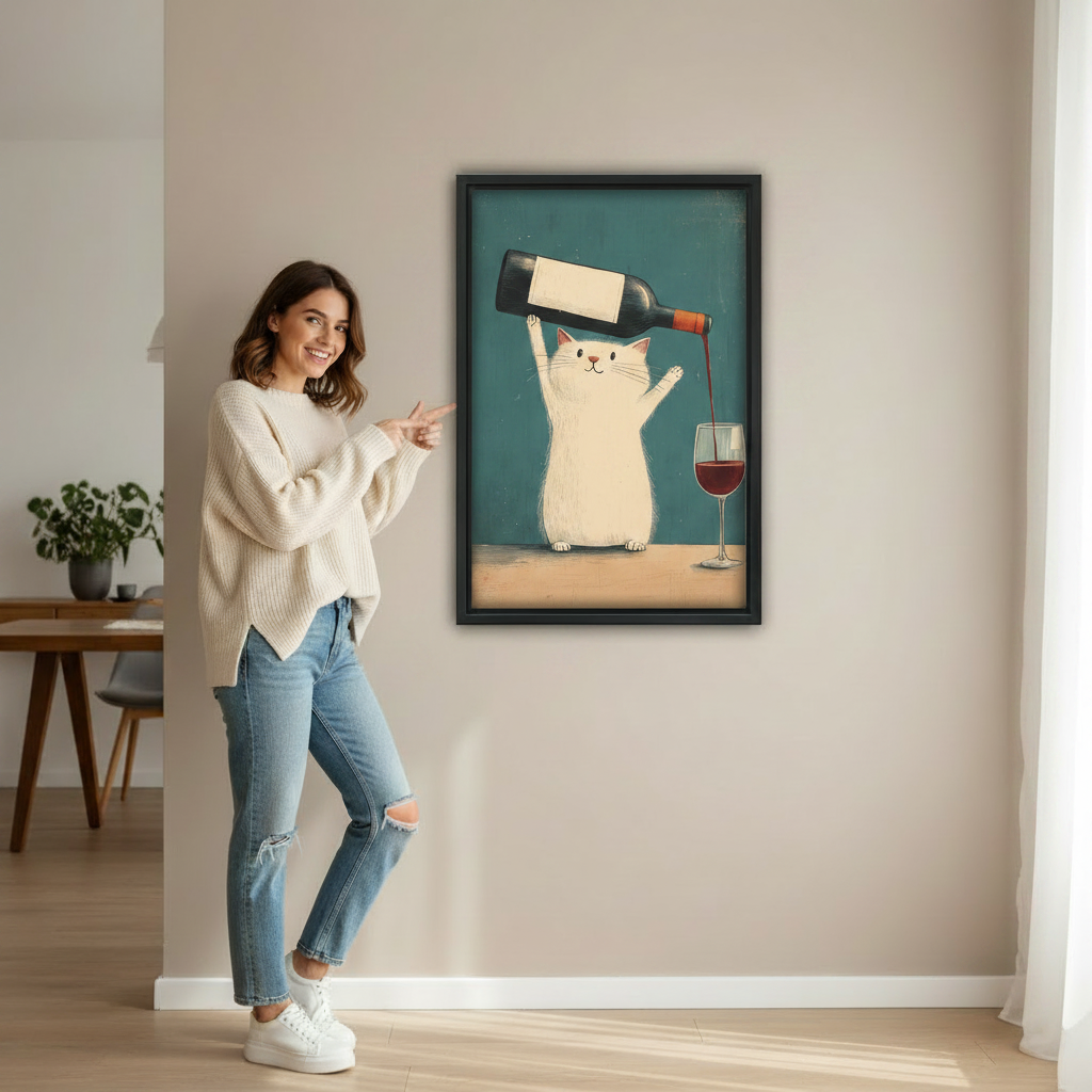 Woman pointing at funny white cat wine pouring teal background vintage wall art print in black frame showing actual print size in bright minimalist hallway with wooden desk and green plant