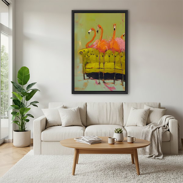 Pink flamingos abstract canvas wall art displayed above a beige living room sofa