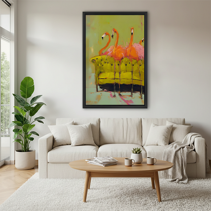Pink flamingos abstract canvas wall art displayed above a beige living room sofa