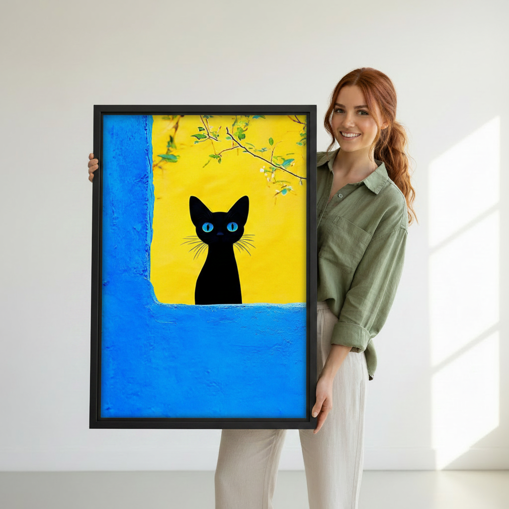 Woman holding large framed black cat blue eyes Mediterranean wall art print, black frame, bold color block illustration, showing actual print size