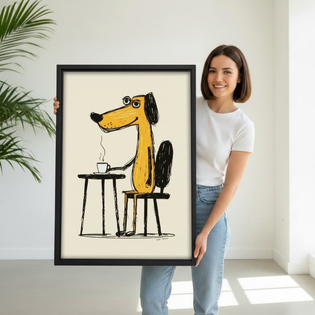 Woman holding large framed dog coffee art print, whimsical yellow cartoon dog sitting at cafe table with steaming cup, premium black frame canvas wall art gift for dog lovers

