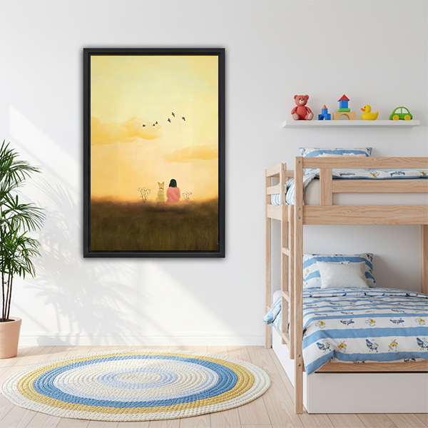 Girl and white dog sunset framed wall art in kids bedroom nursery decor