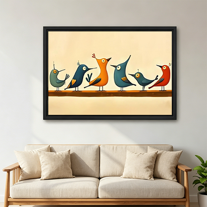 Mid-century modern birds on branch framed wall art print above beige sofa in bright living room