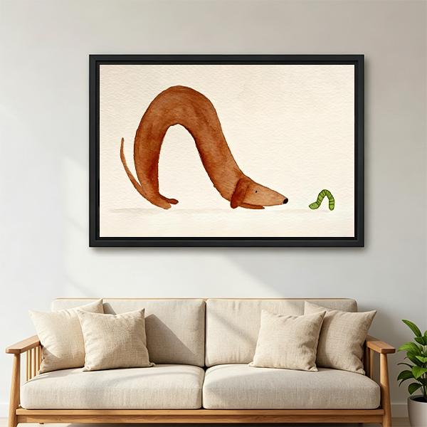 Whimsical dachshund caterpillar watercolor framed print above beige linen sofa in bright living room