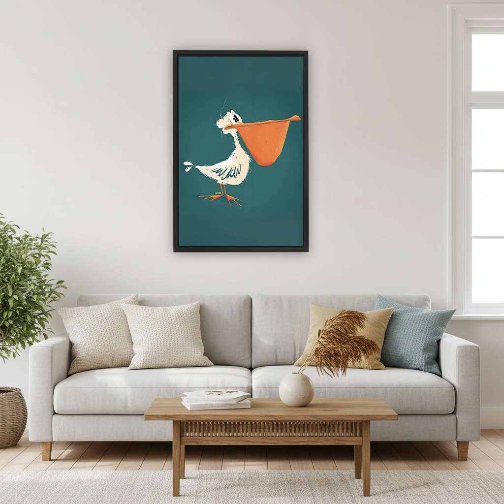 Funny pelican cartoon framed wall art above neutral sofa in bright Scandinavian living room