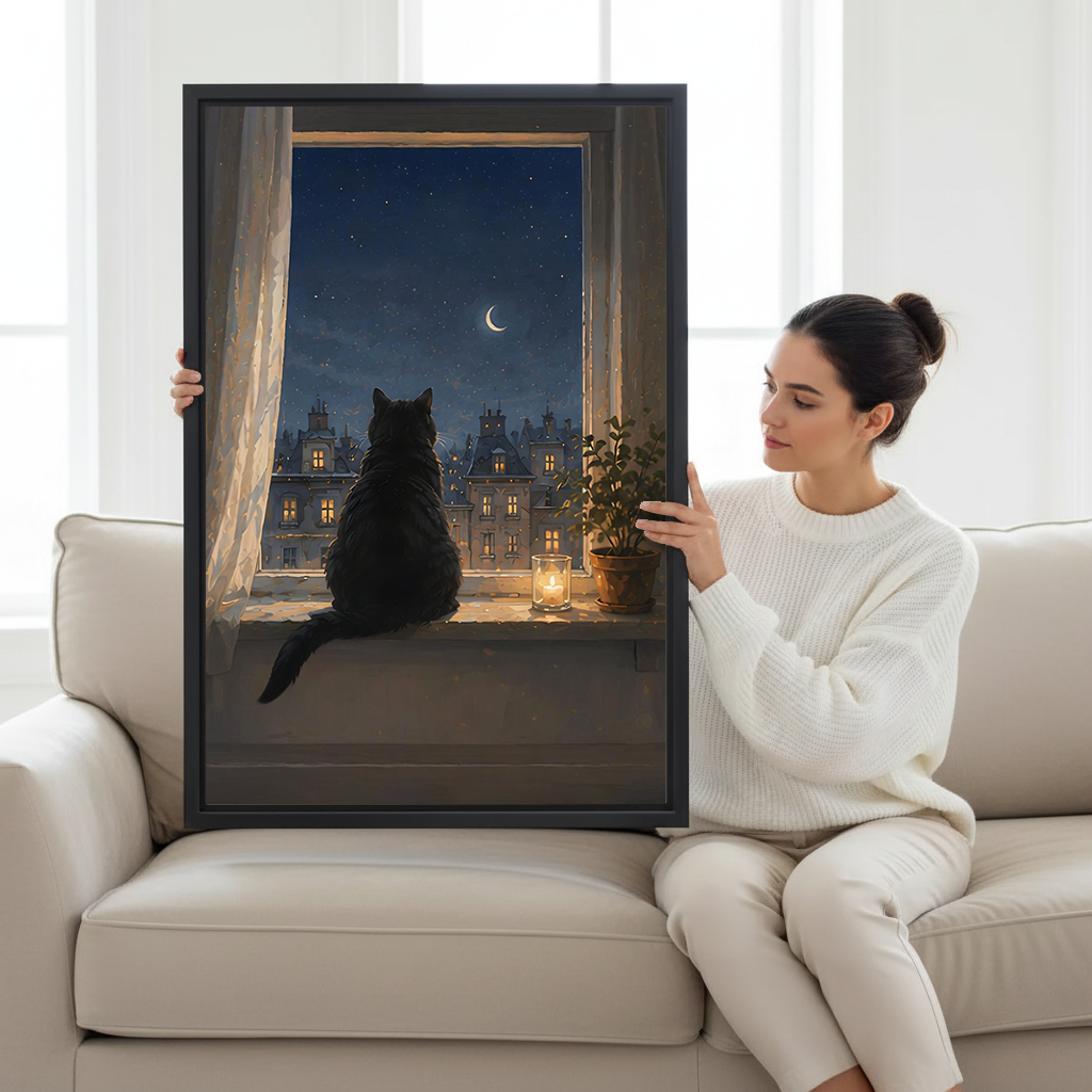 Woman holding moonlit black cat framed canvas wall art print on cream sofa