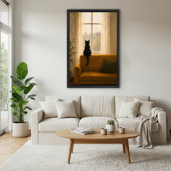 Black cat sitting on golden sofa framed wall art print displayed in bright Scandinavian living room