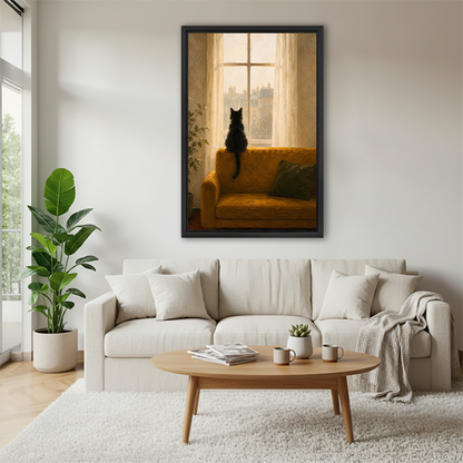 Black cat sitting on golden sofa framed wall art print displayed in bright Scandinavian living room