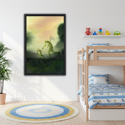 Badminton frogs framed print in kids bedroom with bunk bed — playful oil painting animal wall art
