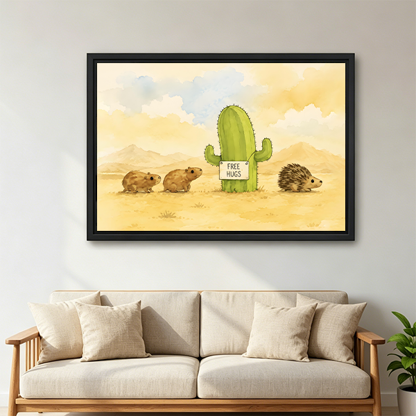 Free Hugs Cactus & Animals Watercolor Framed Canvas l2567