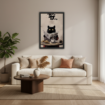 Whimsical black cat reading wall art framed print above sofa living room