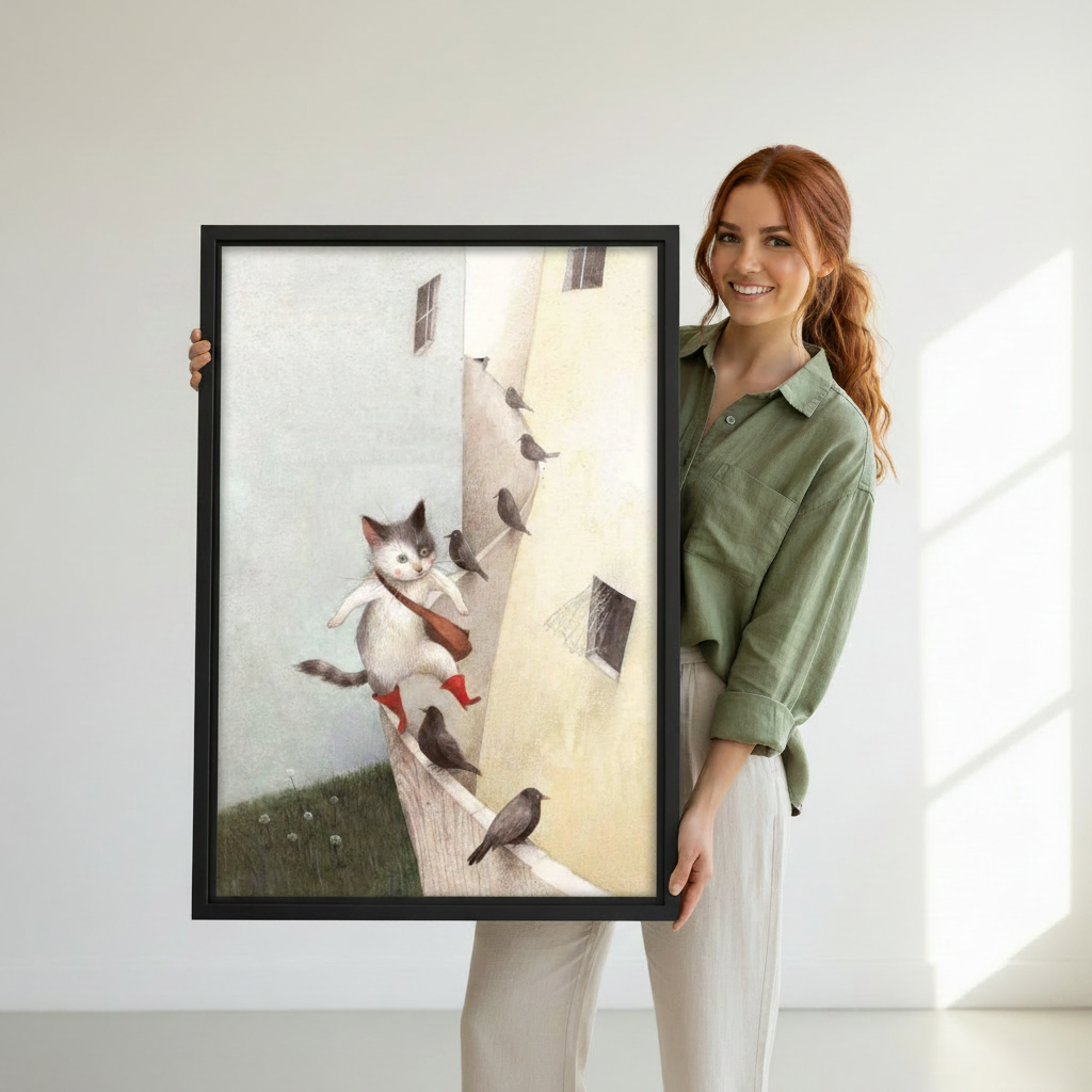 Woman holding large black framed storybook cat art print with birds — whimsical wall art for home decor