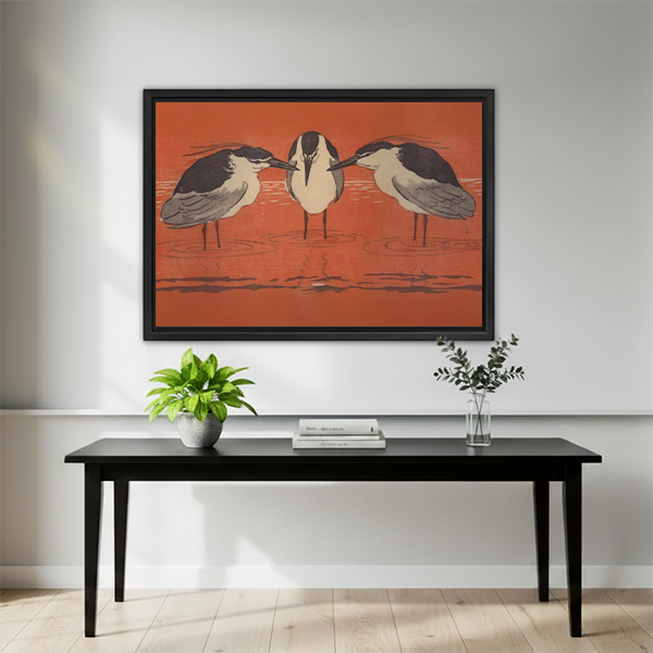 Japanese woodblock three herons framed print above black console table in minimalist living room