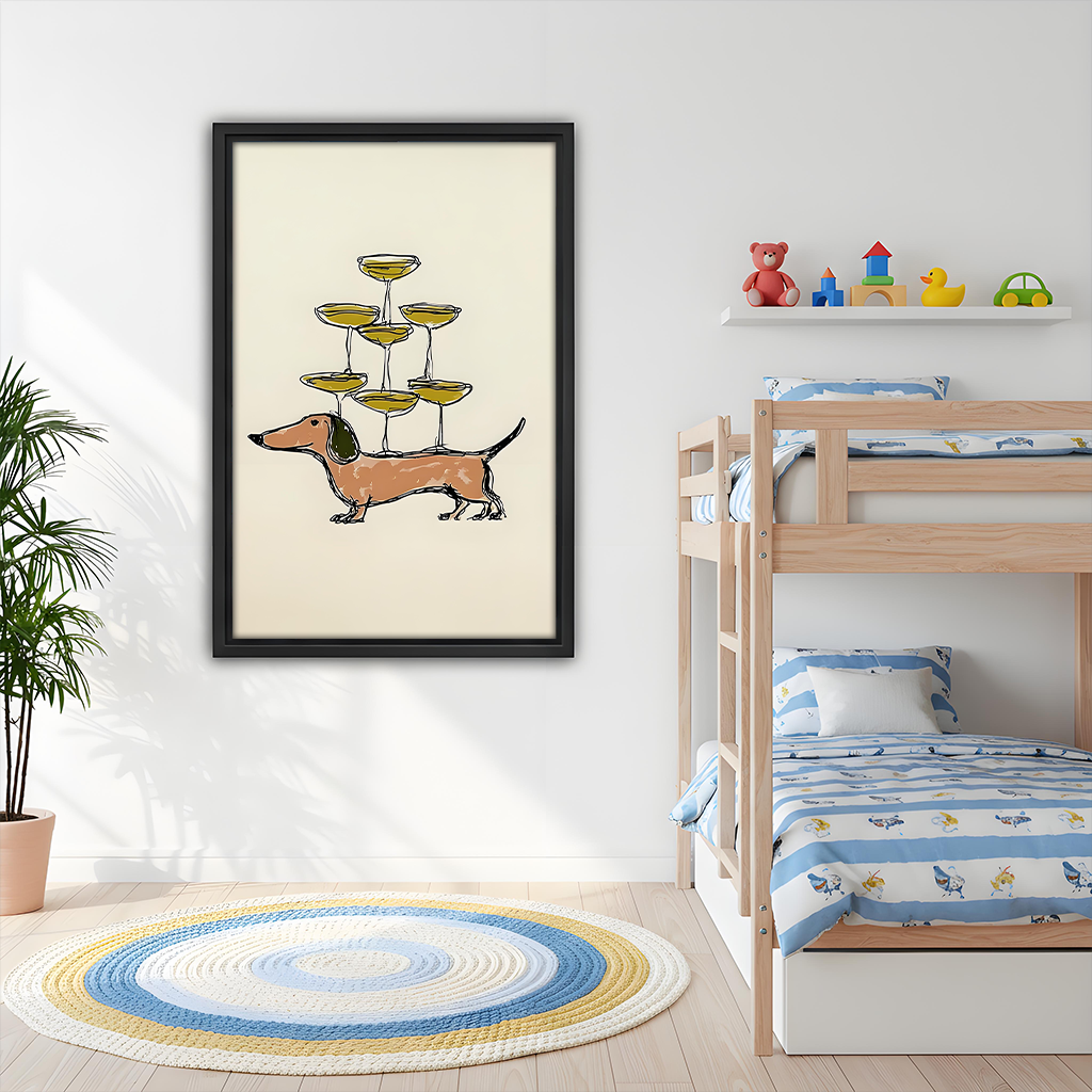 Dachshund Champagne Tower Minimalist Line Art Framed Wall Art Print Kids Room Bedroom Decor