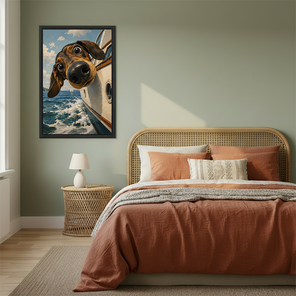 Dachshund head out of speedboat ocean adventure funny illustration framed canvas wall art above rattan bed in sage green boho bedroom