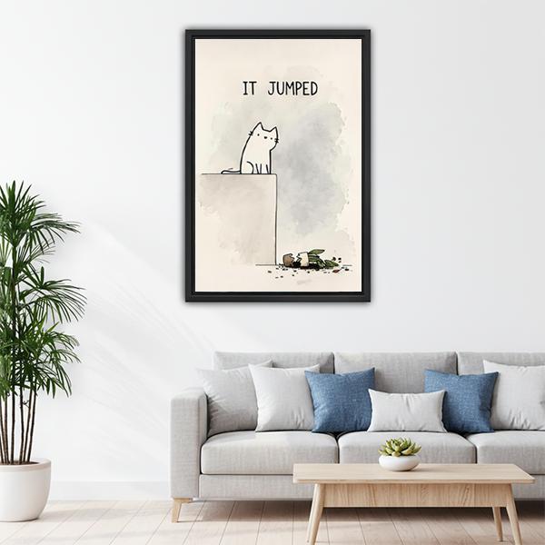 Funny white cat It Jumped broken pot minimalist framed wall art in black frame above gray sofa with blue cushions and round wood coffee table