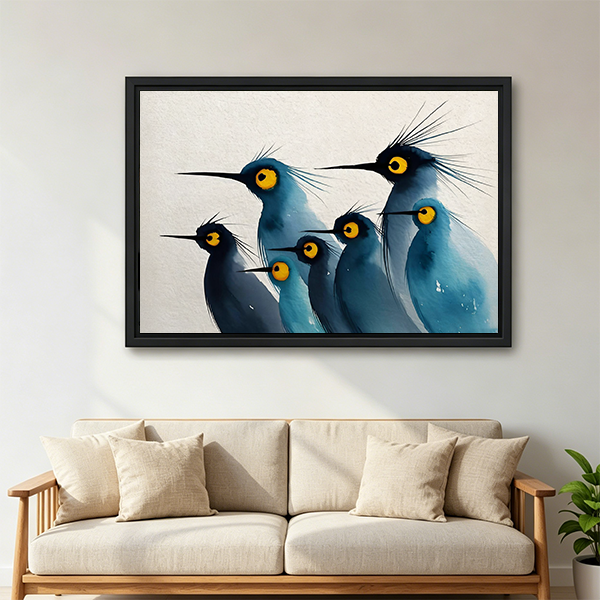 Blue crested birds watercolor framed wall art print above beige sofa in bright living room