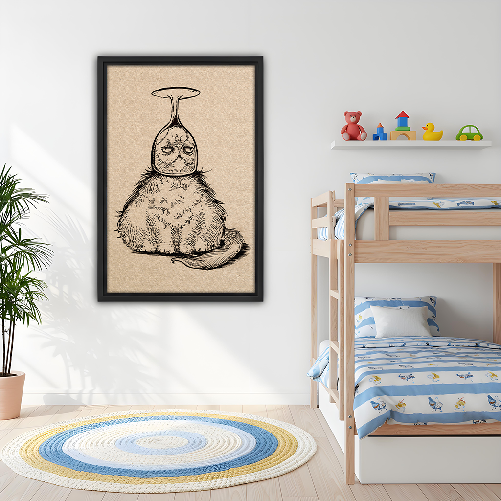 Grumpy cat wine glass sketch framed print in kids bedroom, funny vintage wall art