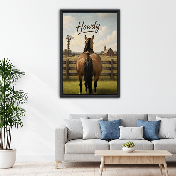 Howdy horse framed wall art above living room sofa in neutral home decor