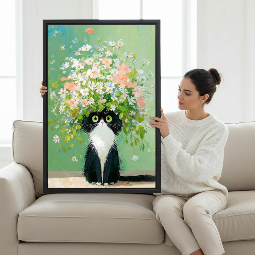 Woman holding large framed tuxedo cat with wildflower bouquet oil painting wall art print in black frame showing actual print size on cream sofa in bright minimalist living room