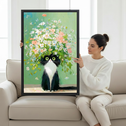 Woman holding large framed tuxedo cat with wildflower bouquet oil painting wall art print in black frame showing actual print size on cream sofa in bright minimalist living room