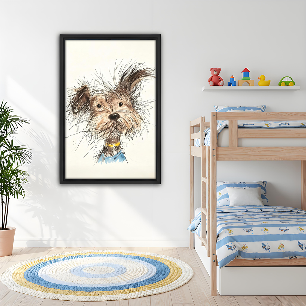 Cute scruffy terrier dog watercolor framed wall art in kids bedroom, black frame, whimsical dog portrait above bunk bed, children's room decor
