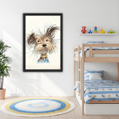 Cute scruffy terrier dog watercolor framed wall art in kids bedroom, black frame, whimsical dog portrait above bunk bed, children's room decor