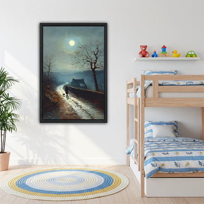 Moonlit path framed print in kids bedroom with bunk bed — classic oil painting landscape wall art
