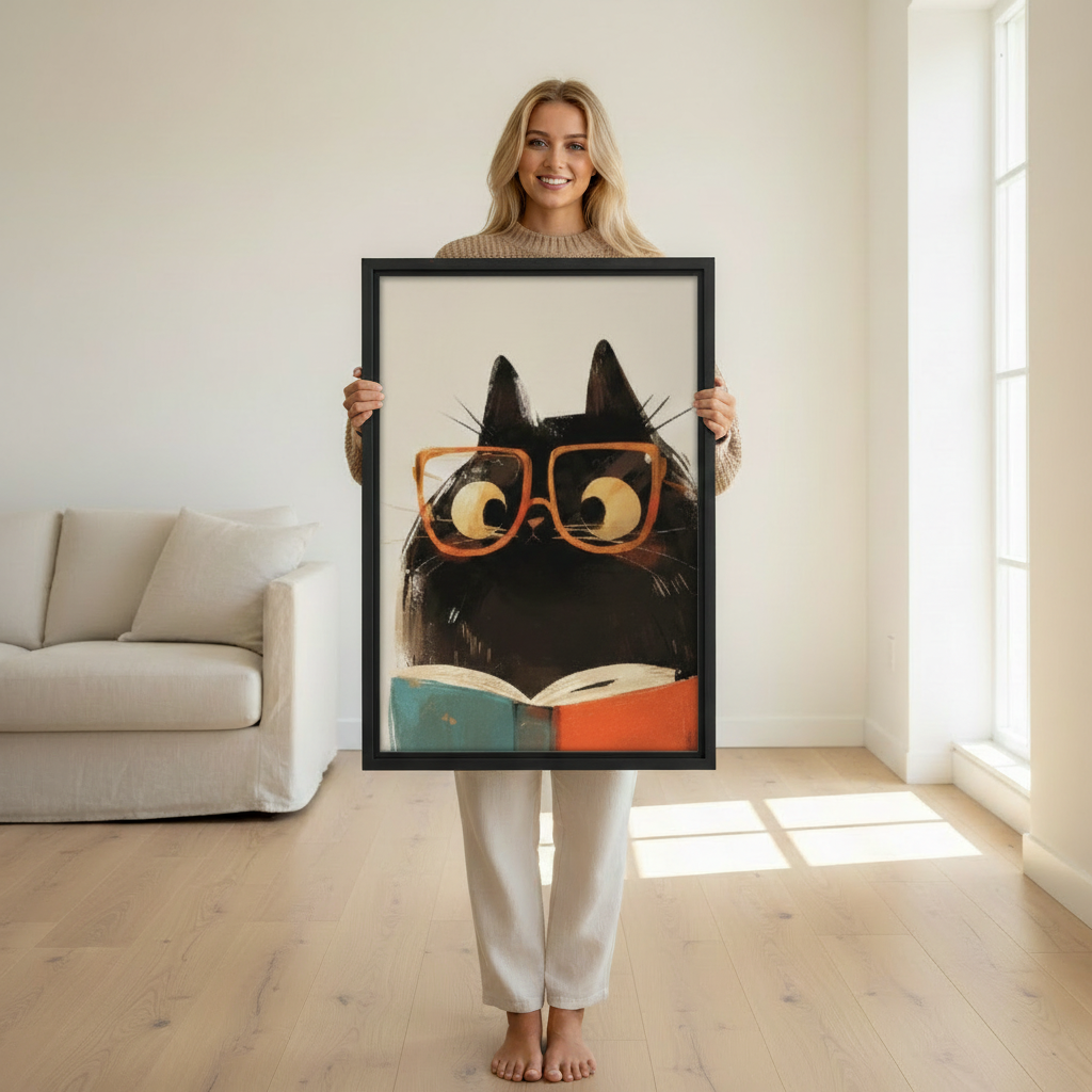 Intellectual Black Cat Reading Book Framed Wall Art – Retro Orange Glasses Cat Print for Cat Lovers