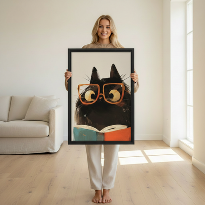 Intellectual Black Cat Reading Book Framed Wall Art – Retro Orange Glasses Cat Print for Cat Lovers