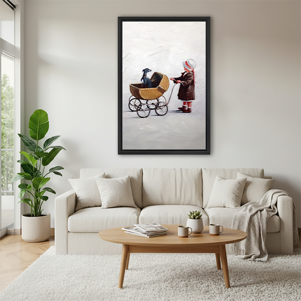 Vintage girl greyhound dog pram framed canvas print above beige sofa – whimsical retro oil painting wall art for living room
