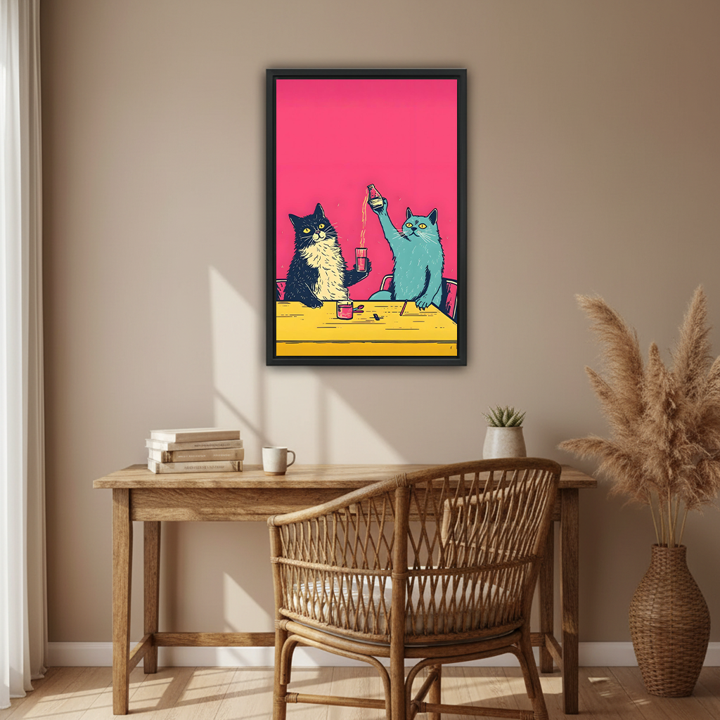 Funny pop art cats with bottle framed wall art in black frame above rustic wooden desk with rattan chair in boho home office