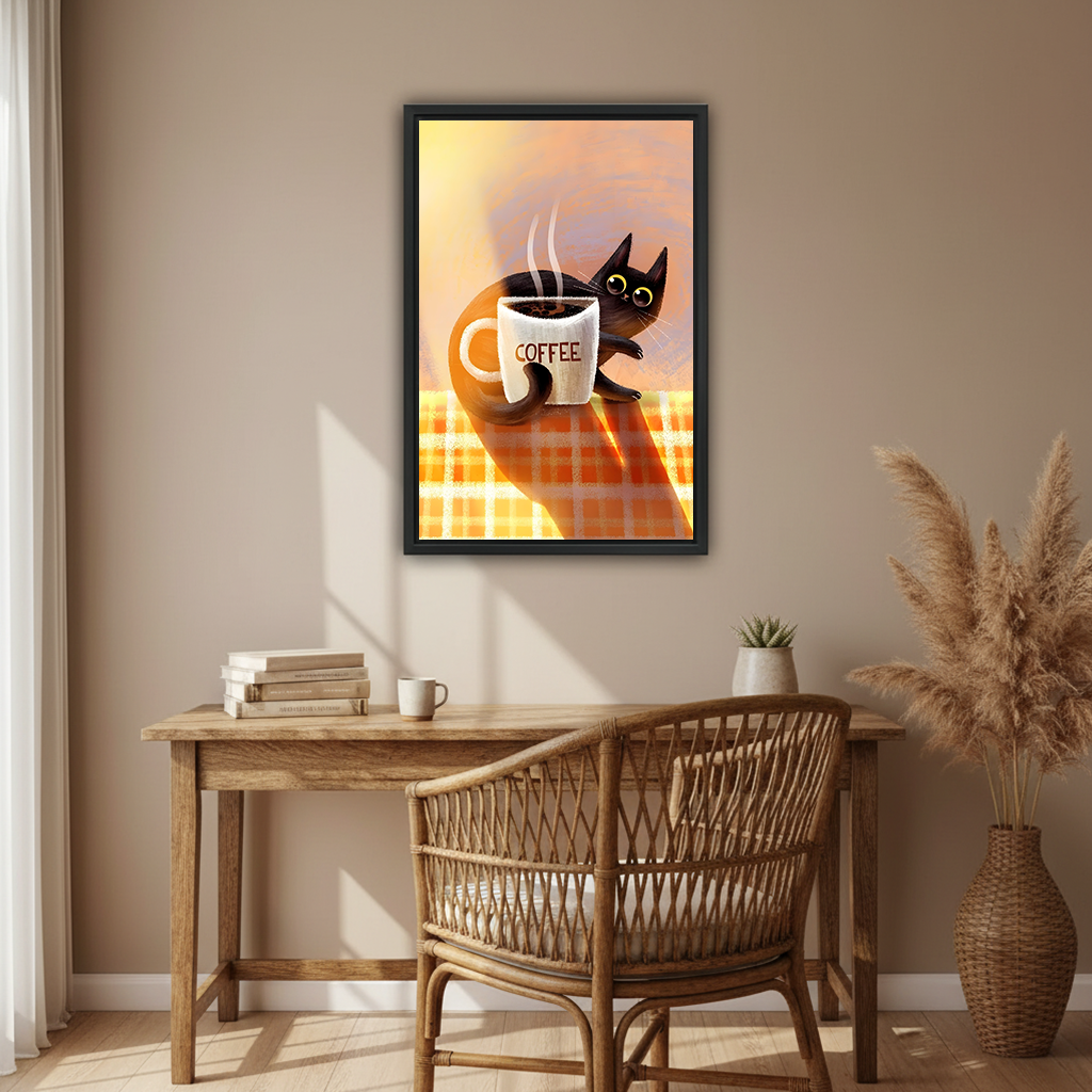 Cute black cat with coffee mug warm orange plaid background framed wall art canvas print above rustic wooden desk with rattan chair