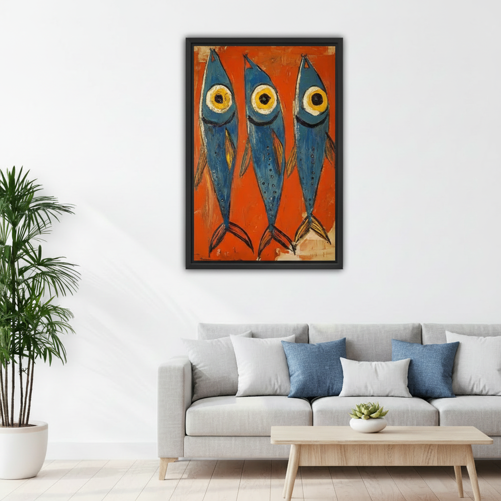 Blue fish framed canvas wall art hung above sofa in modern living room, colorful orange background print
